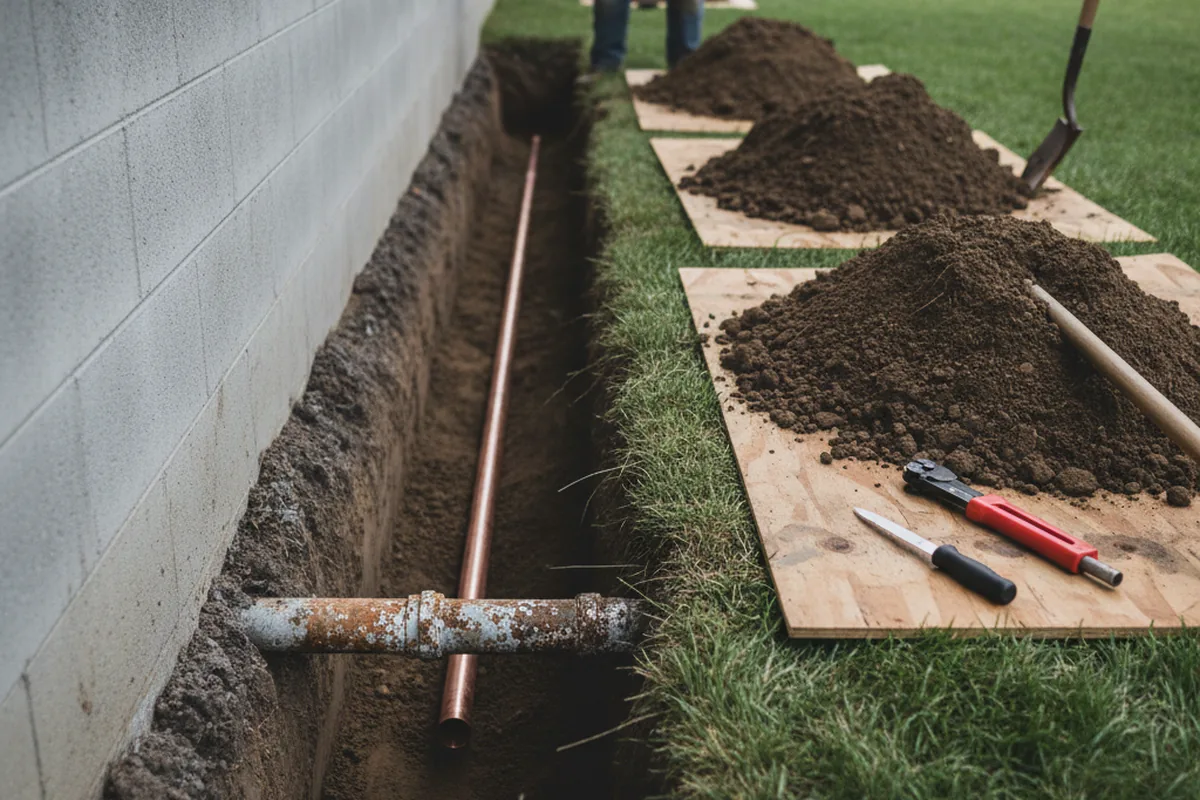 Excavated water line trench during Water Heater Repair in Waltersburg